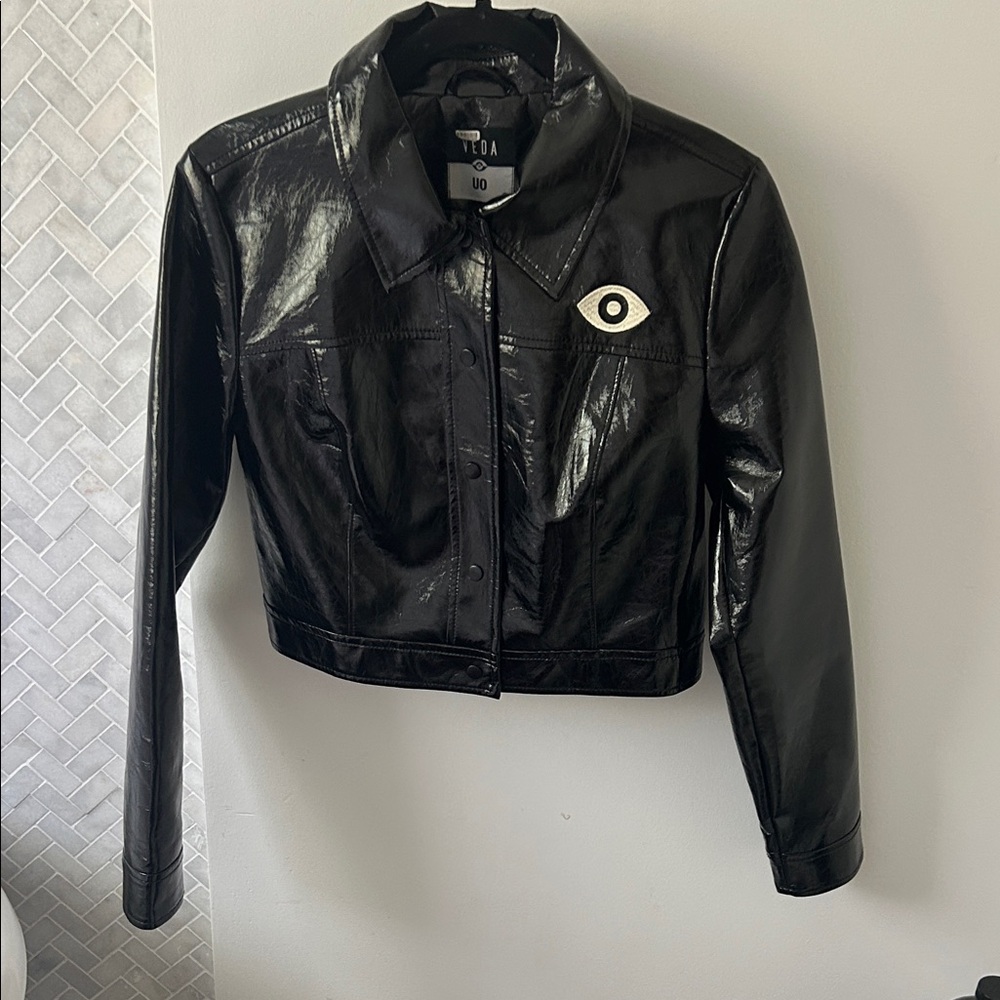 Veda Black Patent Cropped Jacket with Eye Detail
